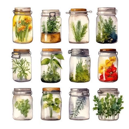 Herbs and spices in glass jars. Hand drawn watercolor illustrationの素材