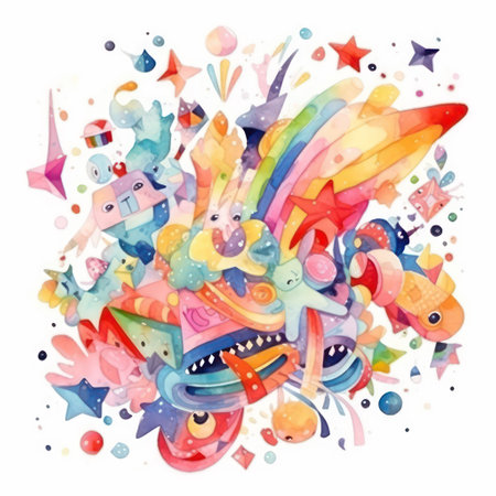Colorful watercolor background with funny fishes, stars, hearts and other elements.の素材