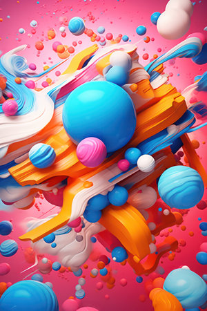 3d render of abstract background with colorful balls and splashes.の素材
