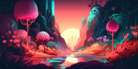 Fantasy landscape with mountains, trees, river and sunset. Vector illustrationの素材
