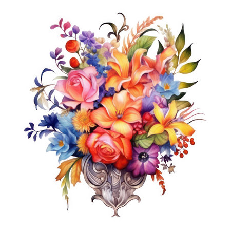 Watercolor bouquet of colorful flowers. Hand painted floral composition.の素材