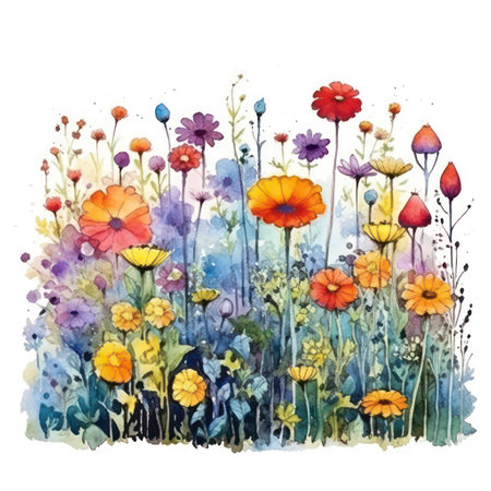 Watercolor illustration of flowers in the meadow. Hand drawn floral backgroundの素材