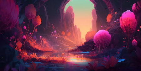 Fantasy landscape with fantasy lake and mountains. 3D illustration.の素材