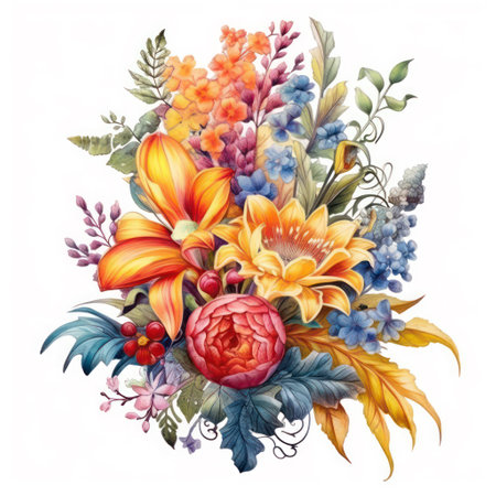 Beautiful vector watercolor autumn bouquet with wild flowers and leavesの素材