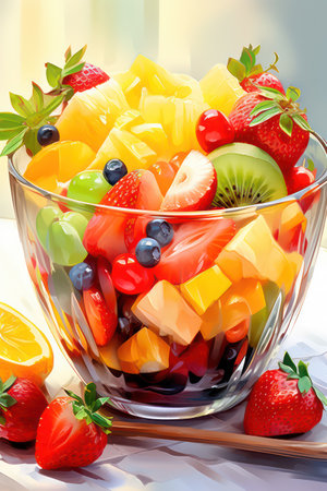 Fruit salad in a glass bowl on a light background. Close-up.の素材