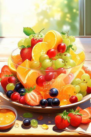 Fruit salad in a glass bowl on a wooden table. Vector illustration.の素材