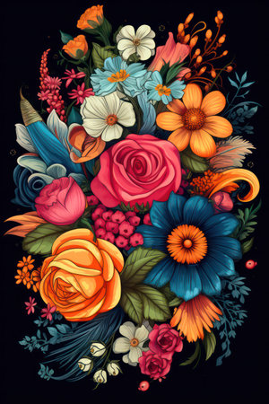 Beautiful vector floral bouquet on black background. Hand drawn illustration.の素材
