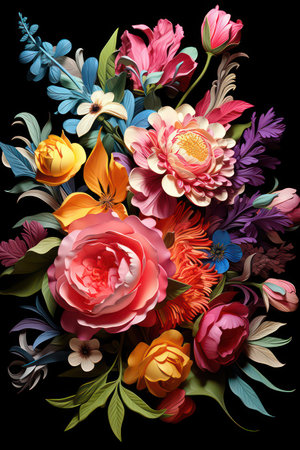 Floral bouquet of colorful flowers on a black background. Vector illustration.の素材