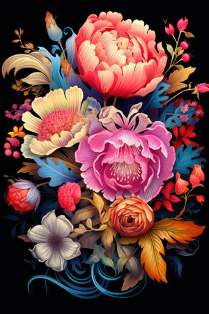 vector illustration of a bouquet of colorful flowers on a black backgroundの素材