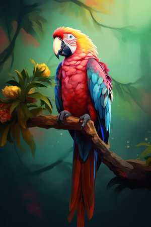 Red parrot sitting on a branch in the rainforest. Illustrationの素材