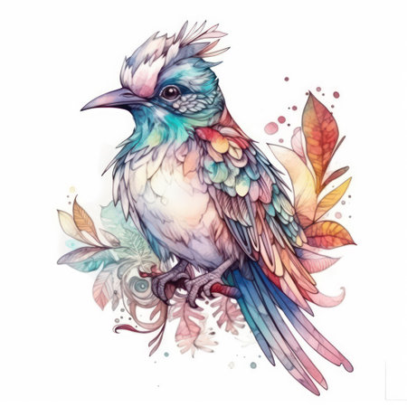 Hand drawn watercolor illustration of a bird with feathers and leaves.の素材