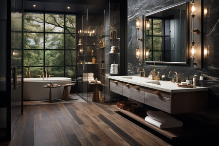 3d rendering luxury modern bathroom with black marble walls, wooden floor and comfortable bathtub.の素材