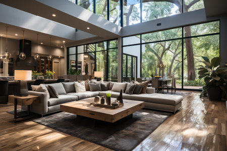 Interior of a modern living room with a sofa and a coffee tableの素材