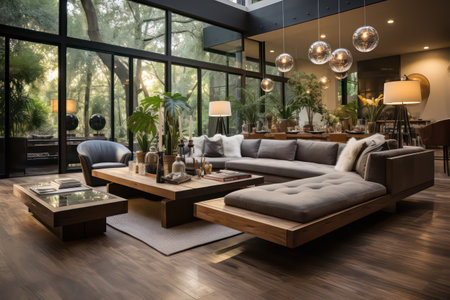 Interior of modern living room with sofa, coffee table and plantsの素材