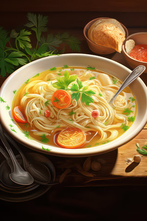 Chicken noodle soup with parsley in a bowl on wooden backgroundの素材