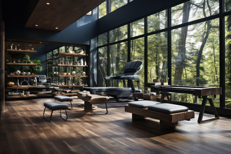 Interior of modern cafe with wooden and glass walls, wooden floor, bar counter with stools and armchairs. 3d renderingの素材
