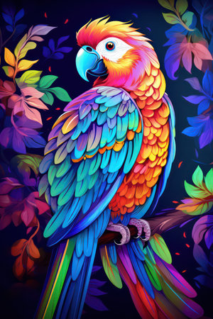 Beautiful colorful parrot on a branch with leaves. Vector illustration.の素材