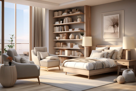 3d rendering interior of living room with bookshelf and sofaの素材