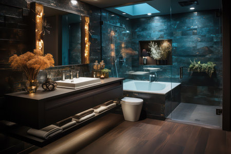 Interior of modern bathroom with black marble walls, wooden floor, black bathtub and toiletの素材