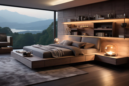 Interior of a modern bedroom with a wooden floor, a panoramic window overlooking the mountains. 3d renderingの素材