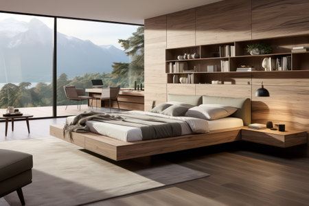 Side view of modern bedroom interior with wooden walls, carpet on hardwood floor, panoramic window with mountain view and comfortable bed. 3d renderingの素材