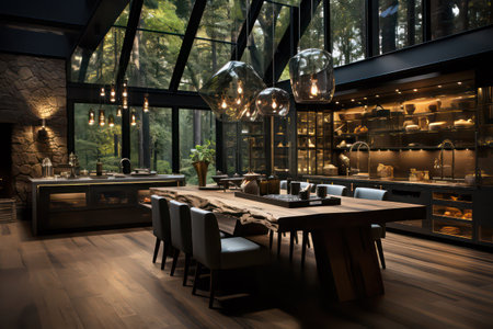 Interior of a modern restaurant with wooden tables and chairs. 3d renderingの素材