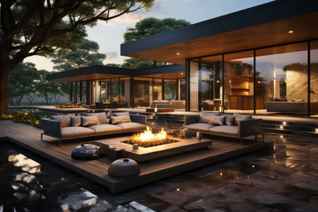 3d rendering of modern cozy house with pool and parking for sale or rentの素材