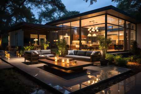 3d rendering of modern cozy house in the garden at night.の素材
