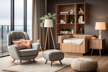 Modern living room interior with armchair and bookshelf. 3d renderの素材