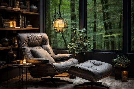 Luxury living room interior design with armchairs, bookshelves and plants.の素材