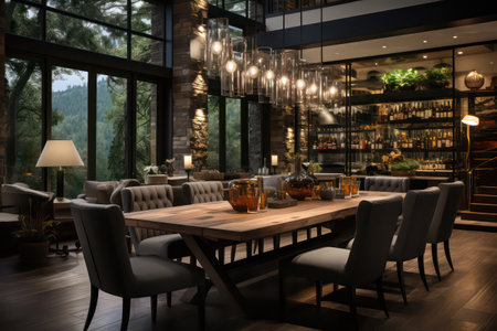 Interior of a modern restaurant with wooden tables and chairs. 3d renderingの素材