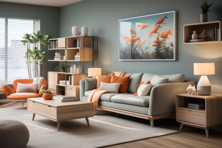 Modern living room interior with sofa and coffee table. 3d renderの素材