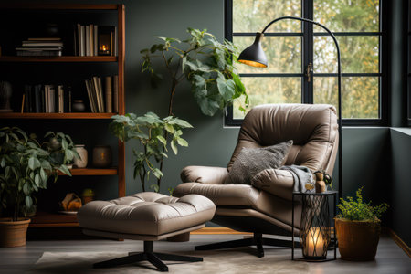 Modern living room interior with armchair, bookshelf and plantsの素材