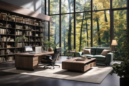Interior of modern office with wooden walls, concrete floor, comfortable armchairs and bookcase with folders. 3d renderingの素材