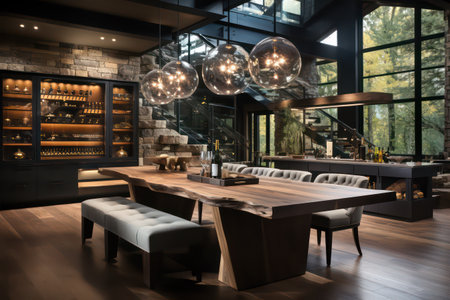 Luxury restaurant interior design with wooden tables, chairs and coffee tableの素材