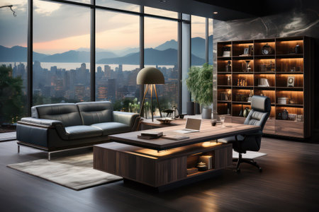 Luxury living room interior with furniture and city view 3D renderingの素材