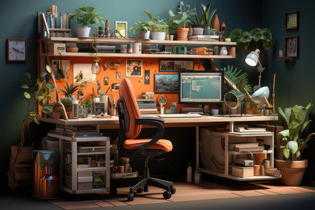 3d rendering of a home office with a desk, chair and plantsの素材