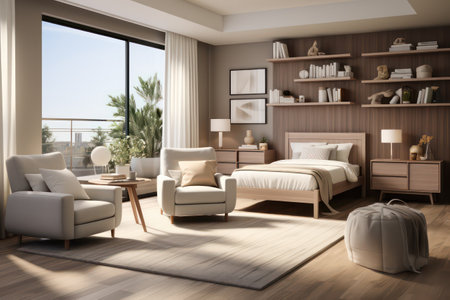 3d rendering interior of a living room with a large window.の素材