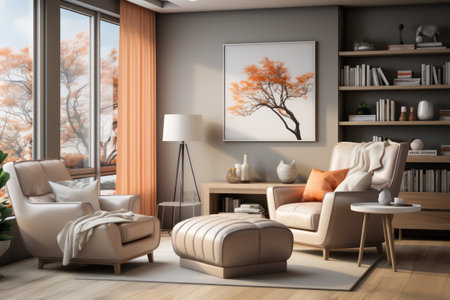 Living room interior with armchairs, coffee table and bookcase. 3D Renderingの素材