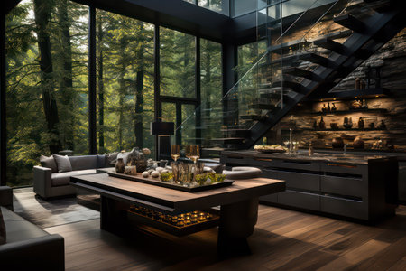3d rendering of modern living room and dining room in loft styleの素材