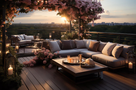Luxury terrace with a view on the city at sunsetの素材