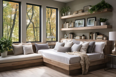 Interior of modern bedroom with sofa, bookshelf and windowの素材