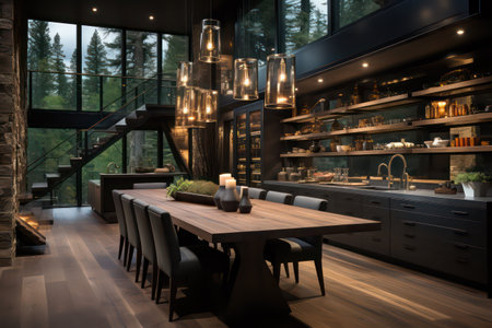 Interior of a modern restaurant with wooden floor and black chairs.の素材