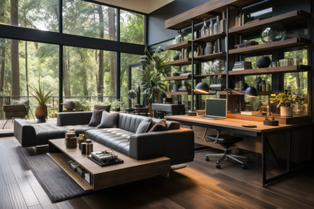 Interior of modern living room with wooden floor, sofa, coffee table, bookshelf and coffee tableの素材