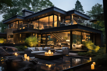 3d rendering of modern cozy chalet with pool and parking for sale or rent in luxurious style and beautiful landscaping on background.の素材