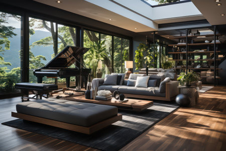 Interior of modern living room with luxury sofa and wooden floor, 3d renderの素材