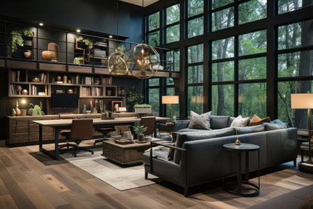 Interior of modern living room with gray sofa, coffee table and bookcase. 3d renderの素材