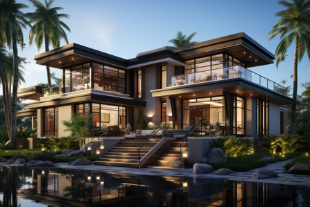 3d rendering of modern cozy house with pool and parking for sale or rent in luxurious style and beautiful landscaping on background. Clear summer night with many stars on the sky.の素材