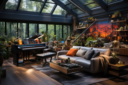 3d rendering of a modern living room interior design with a pianoの素材