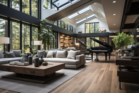 Interior of a modern living room with a sofa and a pianoの素材